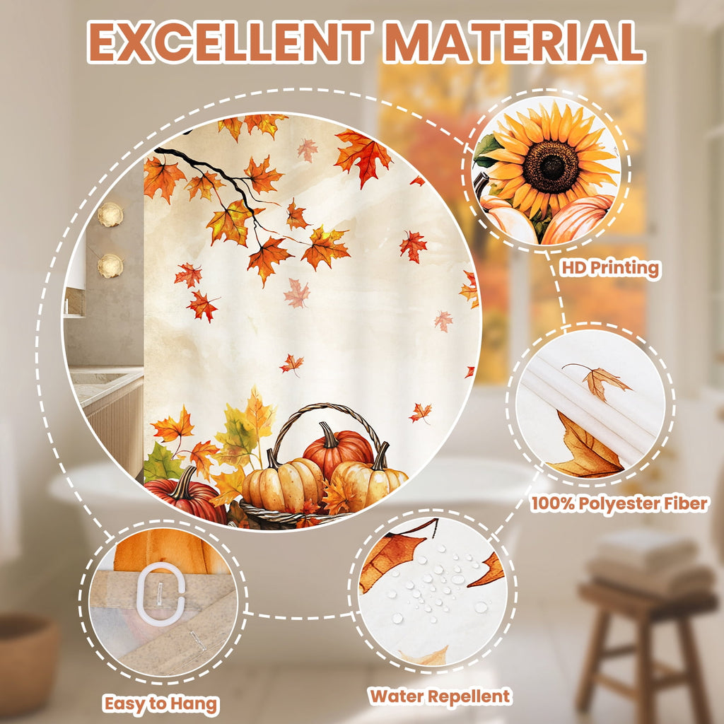 FRAMICS 16-Piece Fall Shower Curtain Sets with Rugs, Maple Leaves Pumpkin Bathroom Sets, Waterproof Fabric Bathroom Curtain Decor with Hooks
