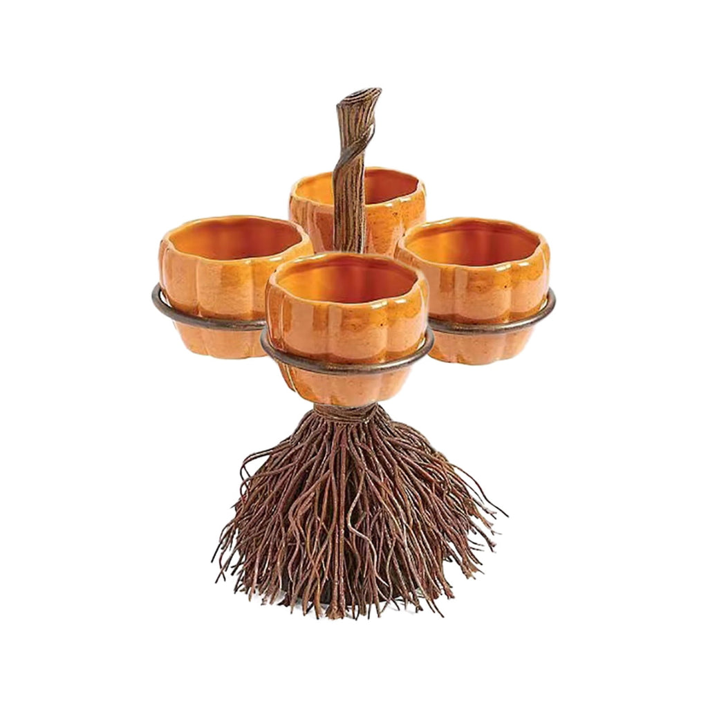 Diceymbol Halloween Pumpkin Snack Bowl Stand Collapsible Broomstick Candy Tray for Cupcakes & Desserts, Resin Serving Platter with Ceramic Pumpkin Bowls