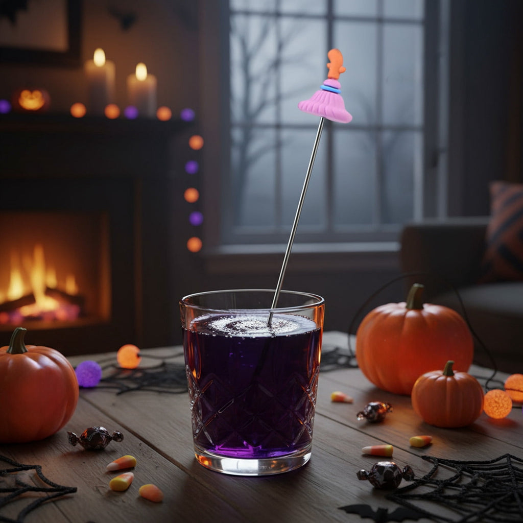 Stainless Steel Mixing Spoon for Cocktails – Halloween Barware, 304 Food - Grade Stirring Rod with Ghost, Witch Hat, Bat & Pumpkin Designs,Orange