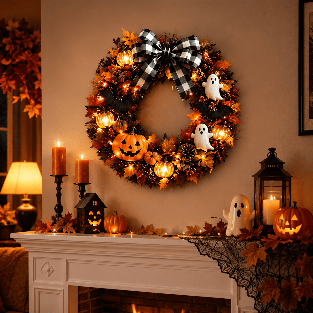 Halloween Pumpkin Ghost Wreath with Lights, 14 Inch Front Door Hanging Decor with Pumpkin, Ghost, Bat and Spiderweb, Indoor Outdoor Party Wall Decoration