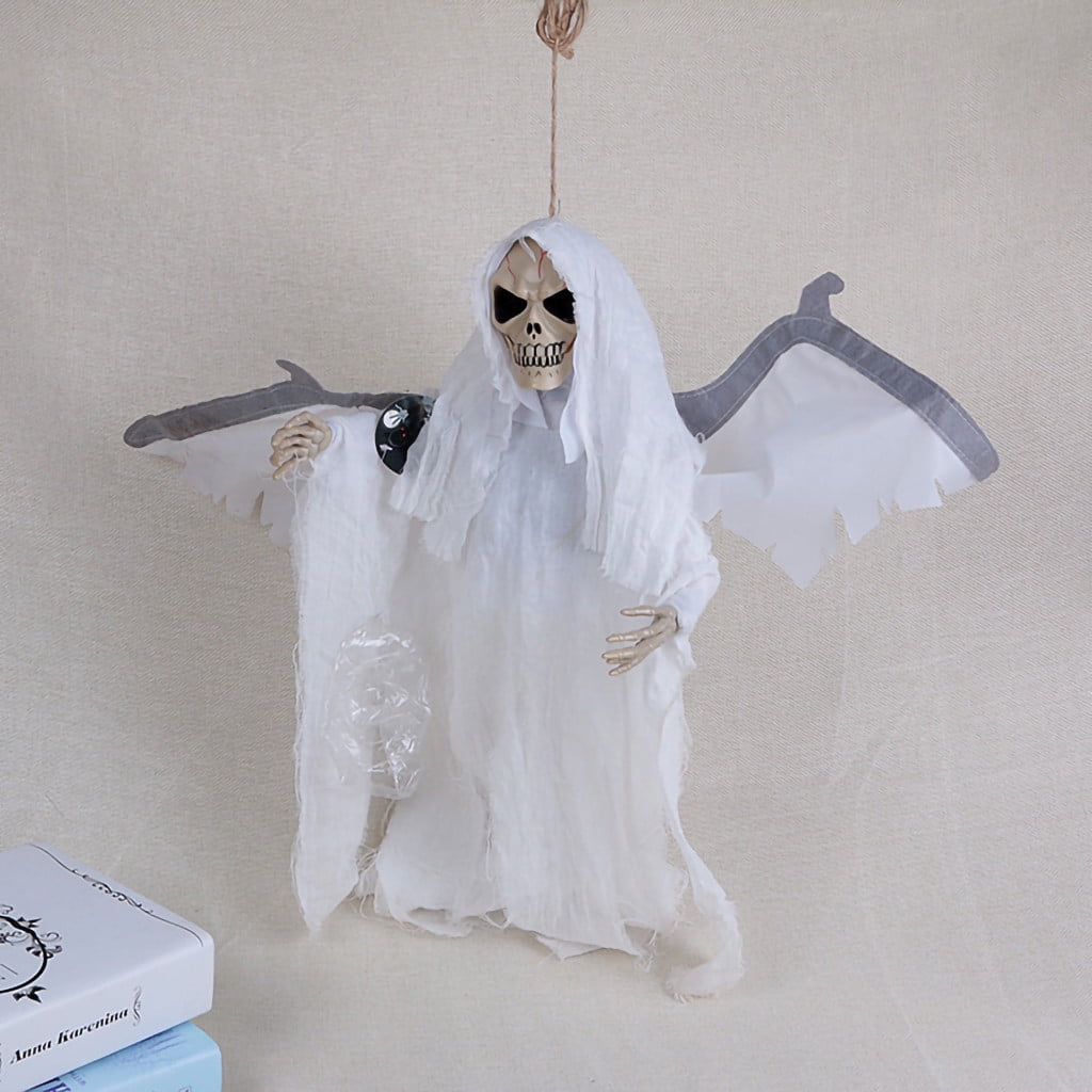 Wadada Sound Activated Move Effect Halloween Hanging Ghost Decorations with Light Up Eyes and Screaming Sound,Voice Control Animated Skeleton for Haunted House Yard Indoor Outdoor Decor(22x17 Inches)