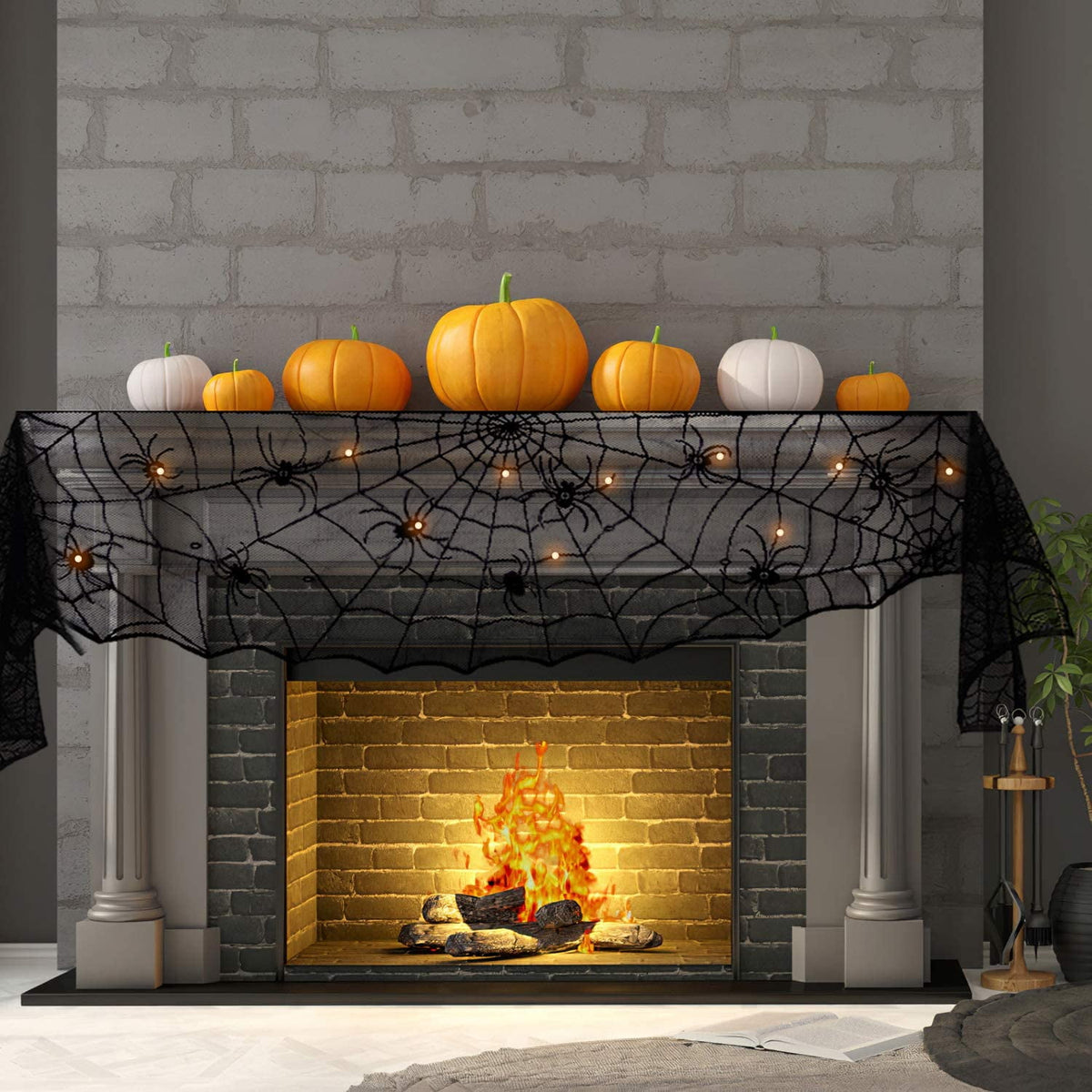 Fun Little Toys 8.4" Feet Halloween Lace Mantle Runner with String Lights,Halloween Decoration,Halloween Party Supplies,Halloween String Lights for Halloween Home Party Décor
