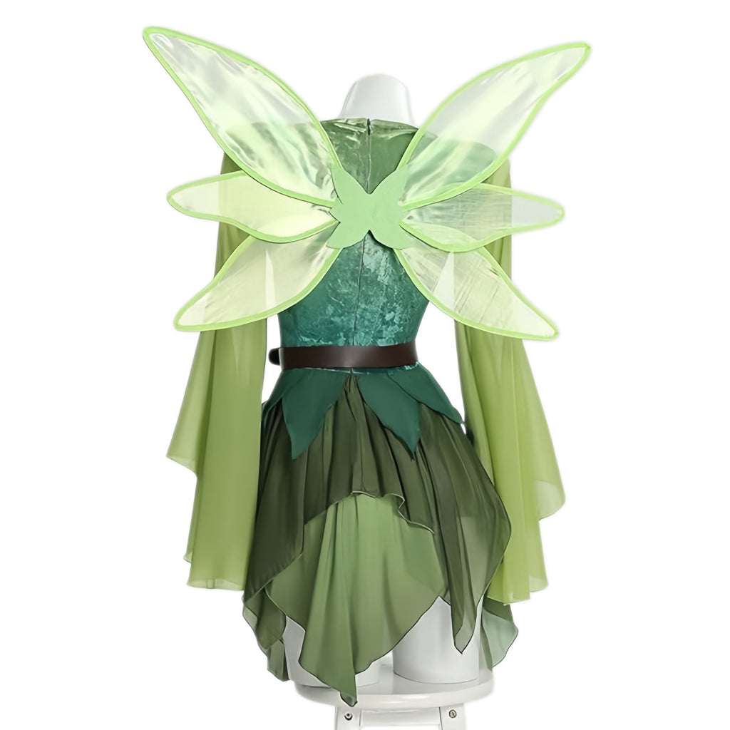 GOBWCOT Women's Elf Costume, Medieval Green Magic Elf Dress with Wings and Ears, Halloween Party Outfit Set