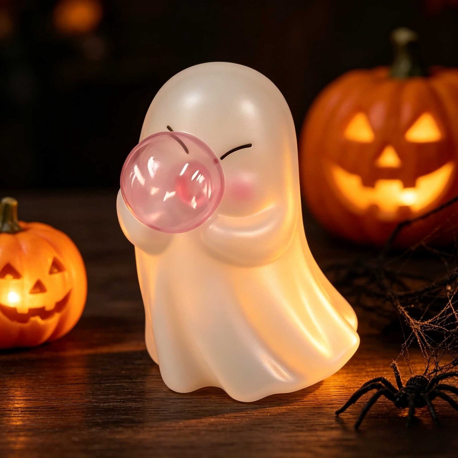 Pink Halloween Decor Ghost Candy Bowl Figurine with Bow and Scalloped Holder for Indoor Tabletop Decor and Party Favor Display