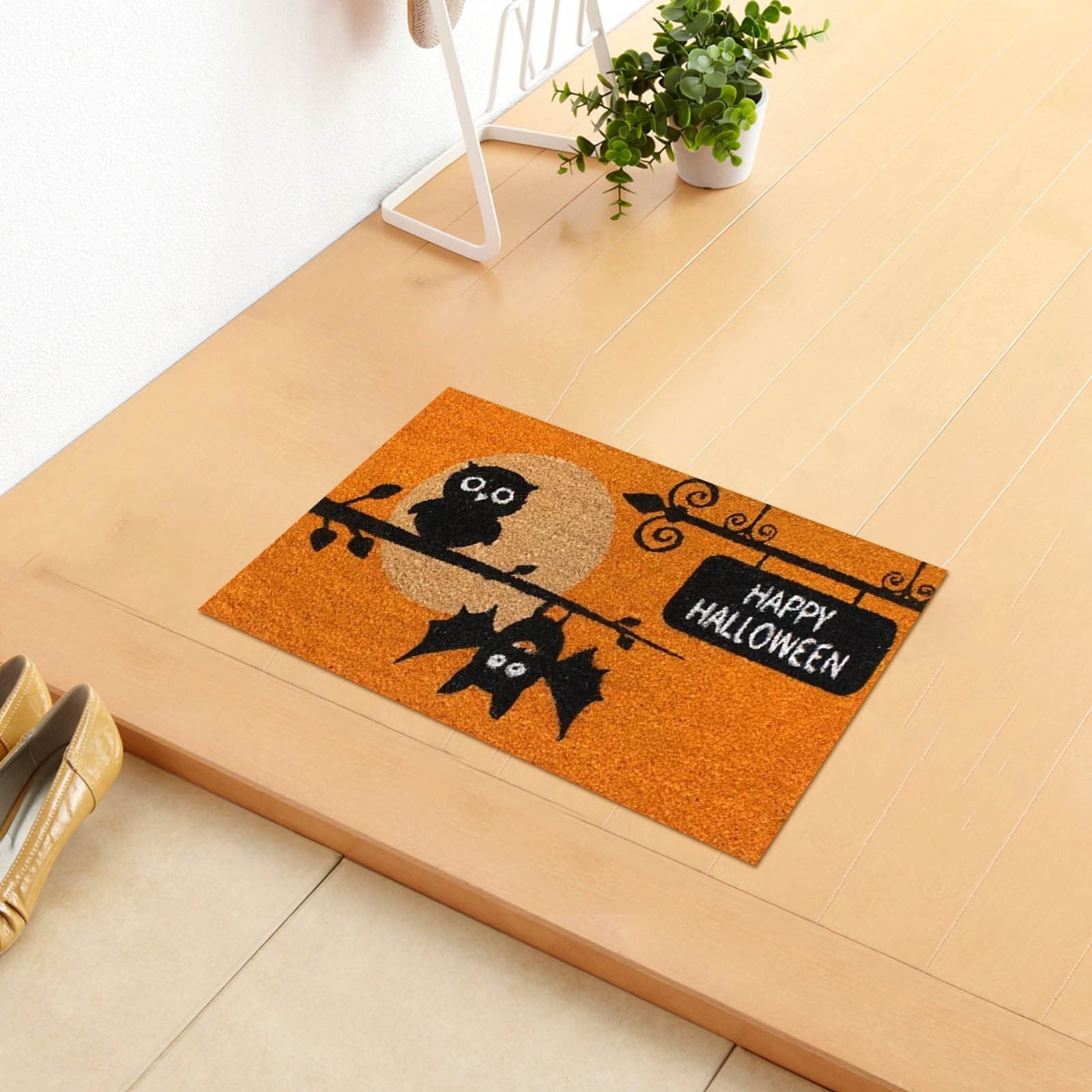 Wovilon Halloween Area Rug Doormat, Black Castle Front Door Mat Non Slip Rubber Backing, Happy Halloween Orange Indoor Outdoor Entrance Mats, Halloween Home Decor Outdoor Rug, 16 X 24 Inches