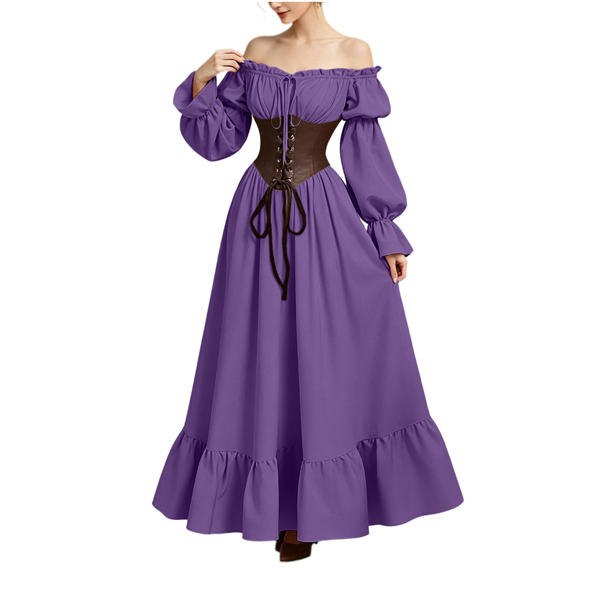 QATAINLAV Renaissance Costume Women Vintage Medieval Dress Cold Shoulder Short Sleeve Peasant Pirate Irish Maxi Dresses, Black, L