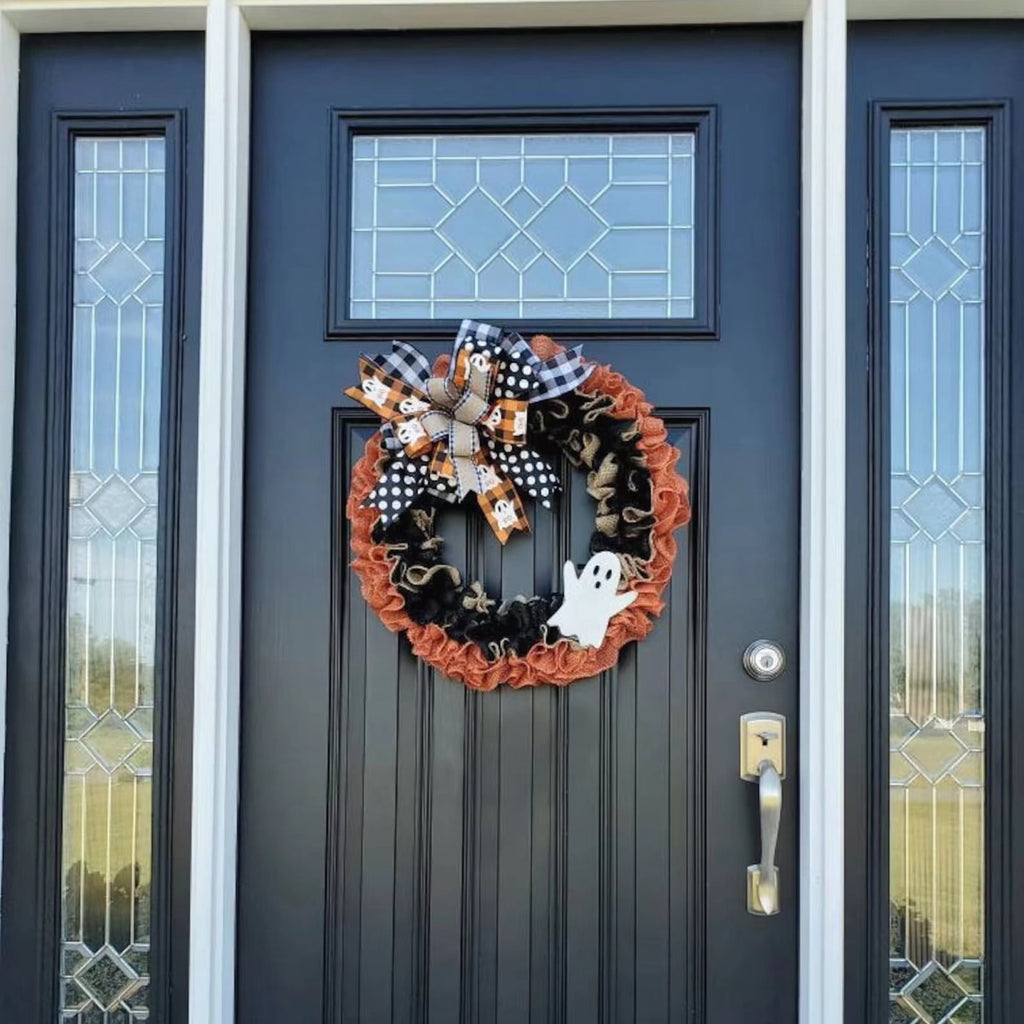 Halloween Halloween Wreath Buffalo Plaid Bow Ribbon Ghost Artificial Wreath, Festival Garland Decoration