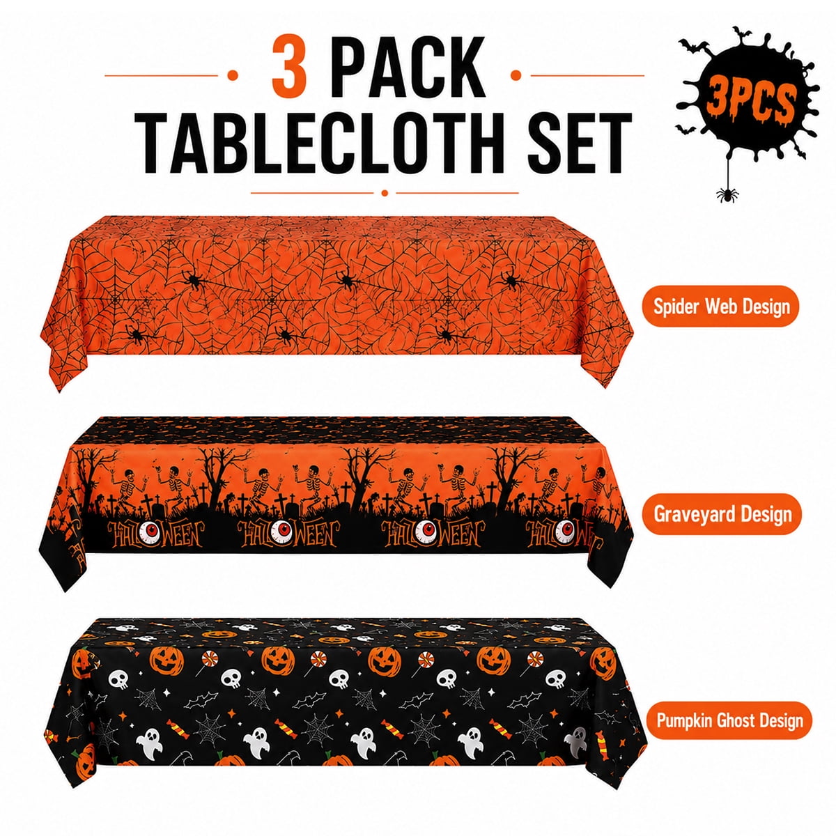 Halloween Tablecloth Decorations Halloween Party Supplies Plastic Disposable Rectangle Tablecovers Skeletons Ghosts Pumpkin Table Décor 3Pcs Design 2
