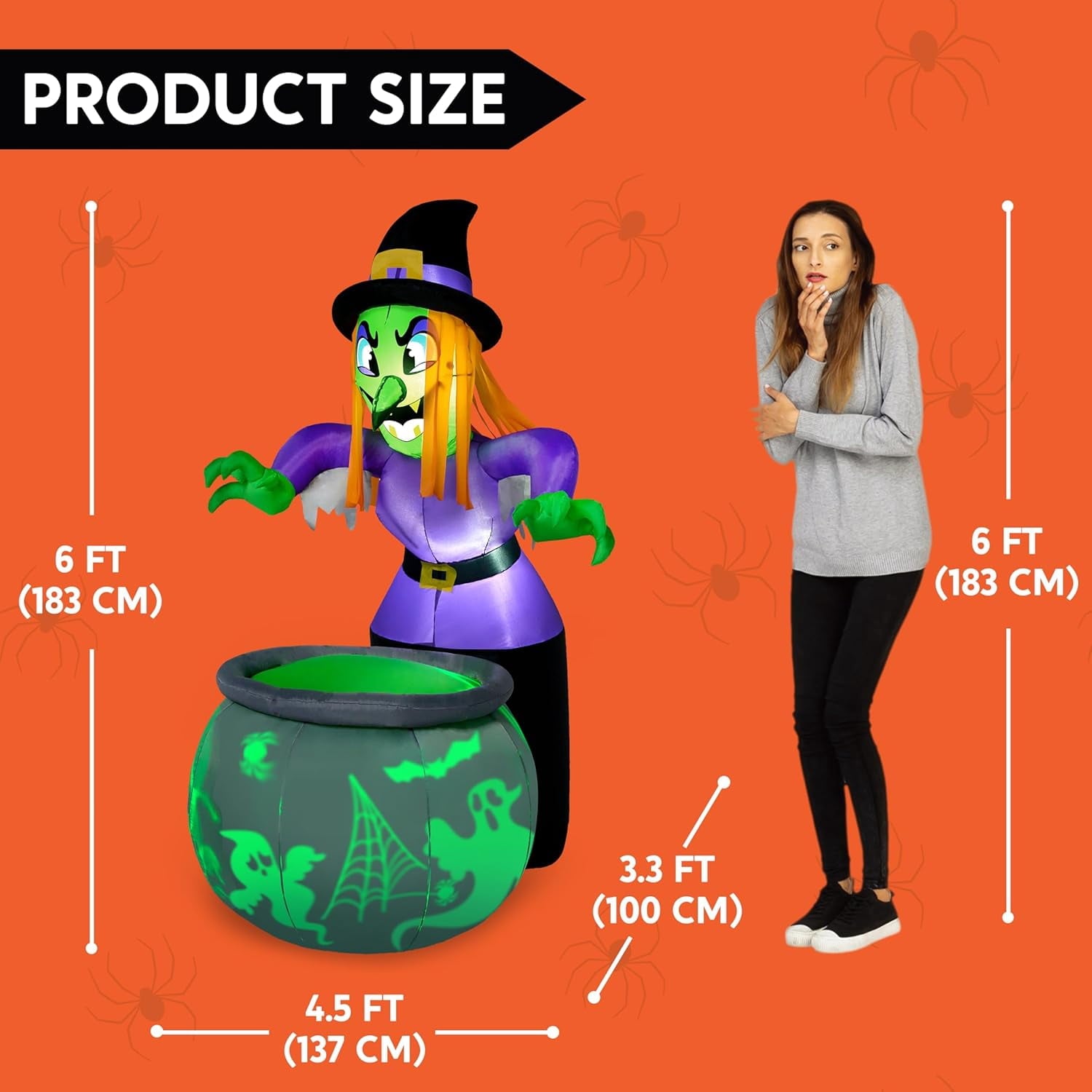 Joyfy 6 ft Halloween Inflatable Witch & Cauldron,Blow Up Decor with Rotating Green Ghost Projection Built-in LEDs,Outdoor Decoration for Party,Yard,Garden
