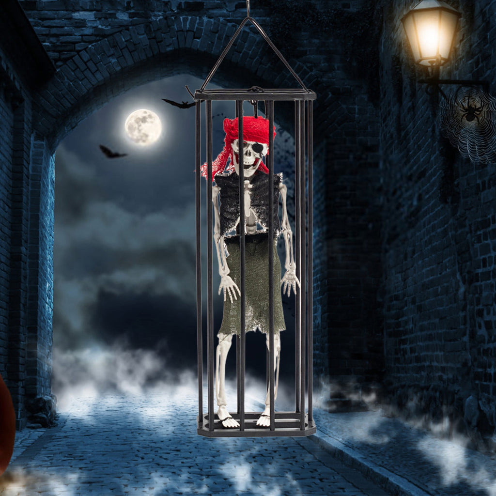 Konghyp Halloween Hanging Decoration Cage Ghost, Motion Activated Skeleton Prisoner, Creepy Party Prop for Haunted House, Animated Scare Device, Unique Halloween Decor