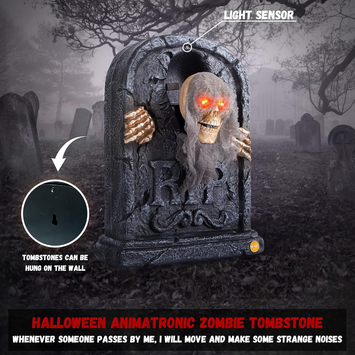 ELAMAS Halloween Animated Zombie Tombstone - Animatronic Skeleton Decorations with Sensor Activated, Creepy Voice, Spooky Skull head, Light Up Eyes, Scary Motion, Horror Prop for Indoor/Outdoor