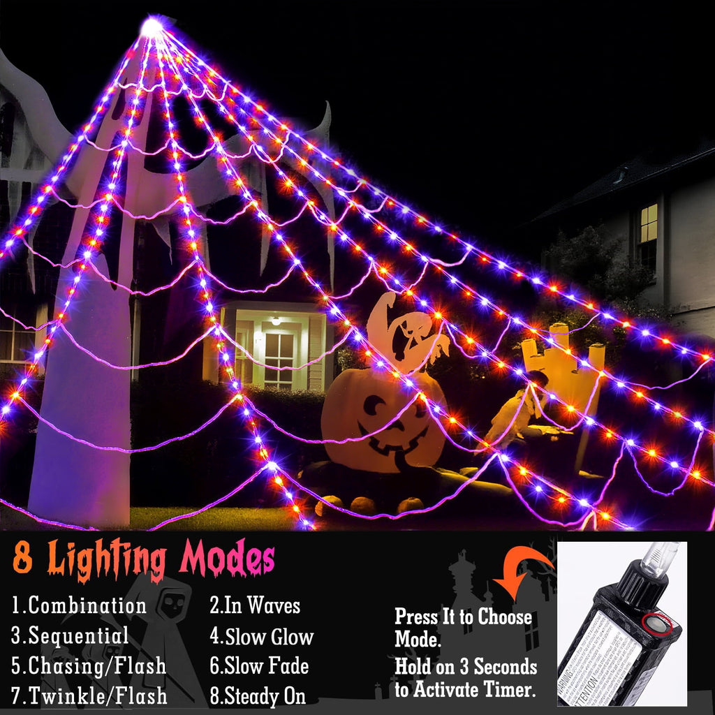 Scidweet Halloween Decorations Outdoor, 350 LED Halloween Spider Web Lights with 79" Giant Spider for Home Garden Yard Decor