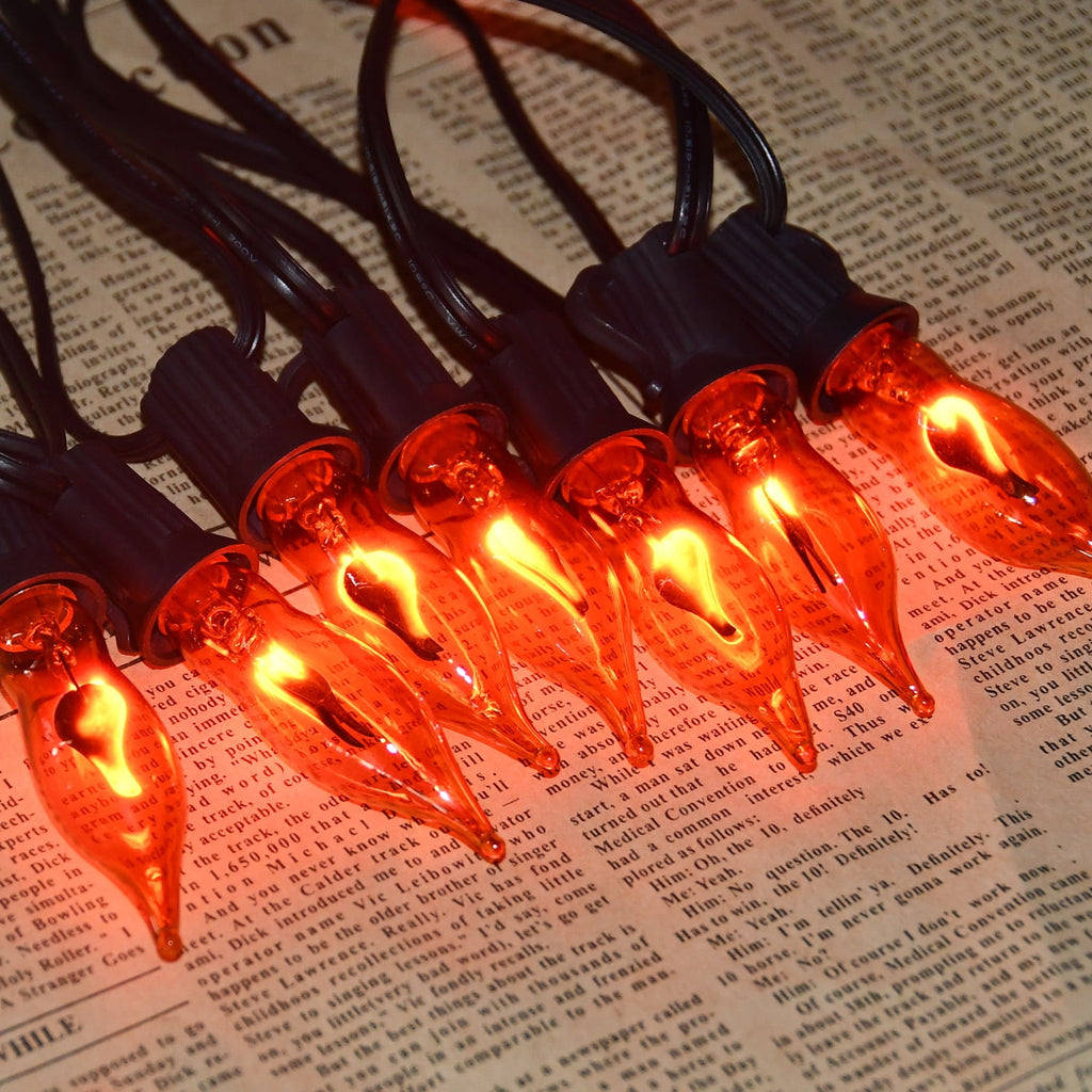 Halloween Lights Flickering Flame String Lights with 12 Pack C7 Orange Flame Light Bulbs (2 Spare), 12.8Ft Orange Flame String Lights for Indoor Outdoor Home Party Yard Halloween Decorations