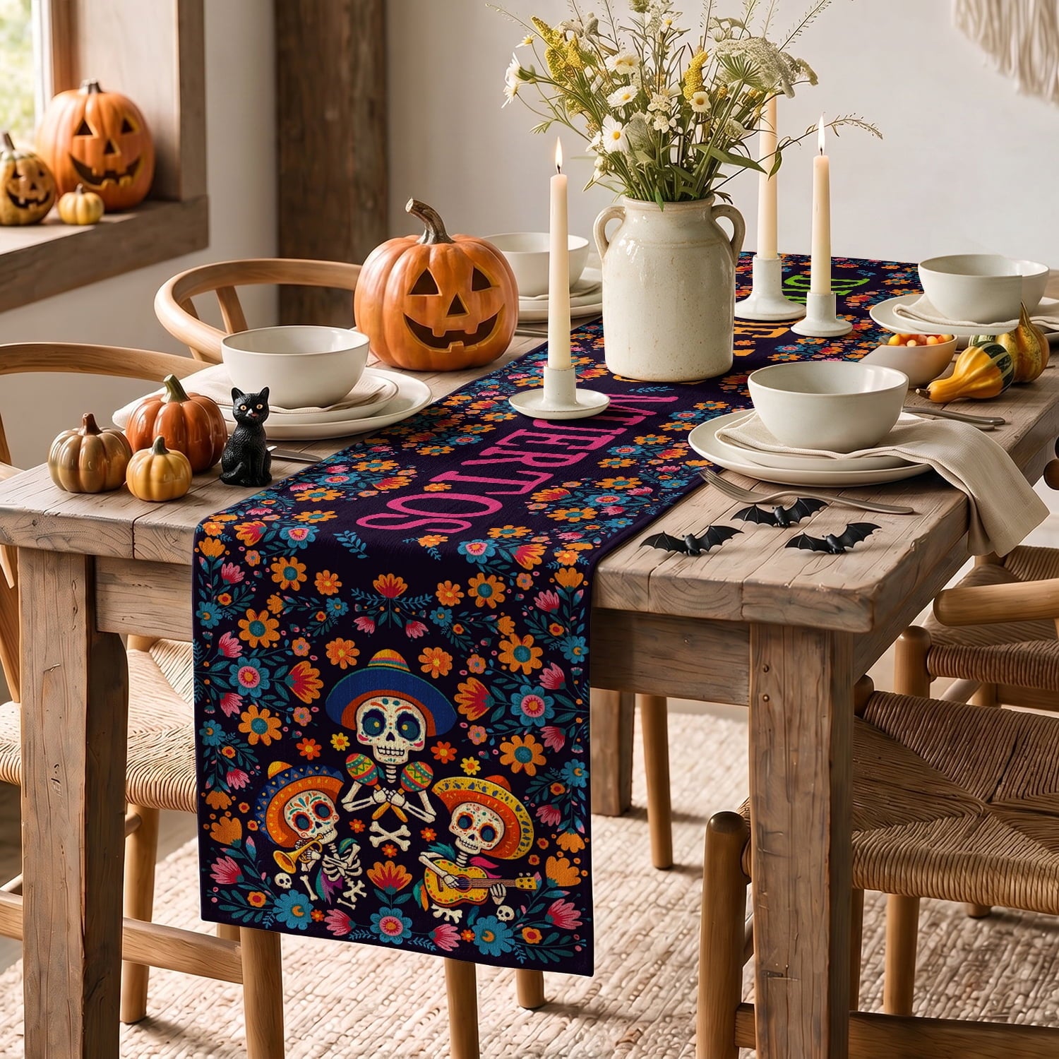 Sm:)e Halloween Table Runner Ghost Pumpkin 13x72 Inch, Halloween Party Kitchen Dining Indoor Outdoor Decorations,Orange