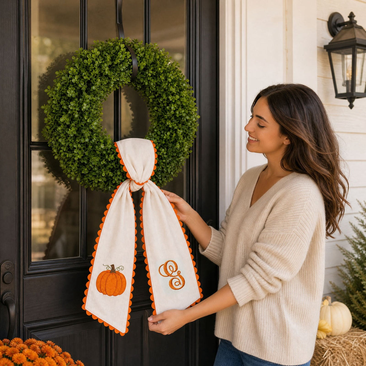Pumpkin Embroidered Wreath Sash, 50 x 5 inch Orange Scalloped Lettered Ribbon for Halloween, Thanksgiving, Front Door, Seasonal Garland and Fall Home Decor, W