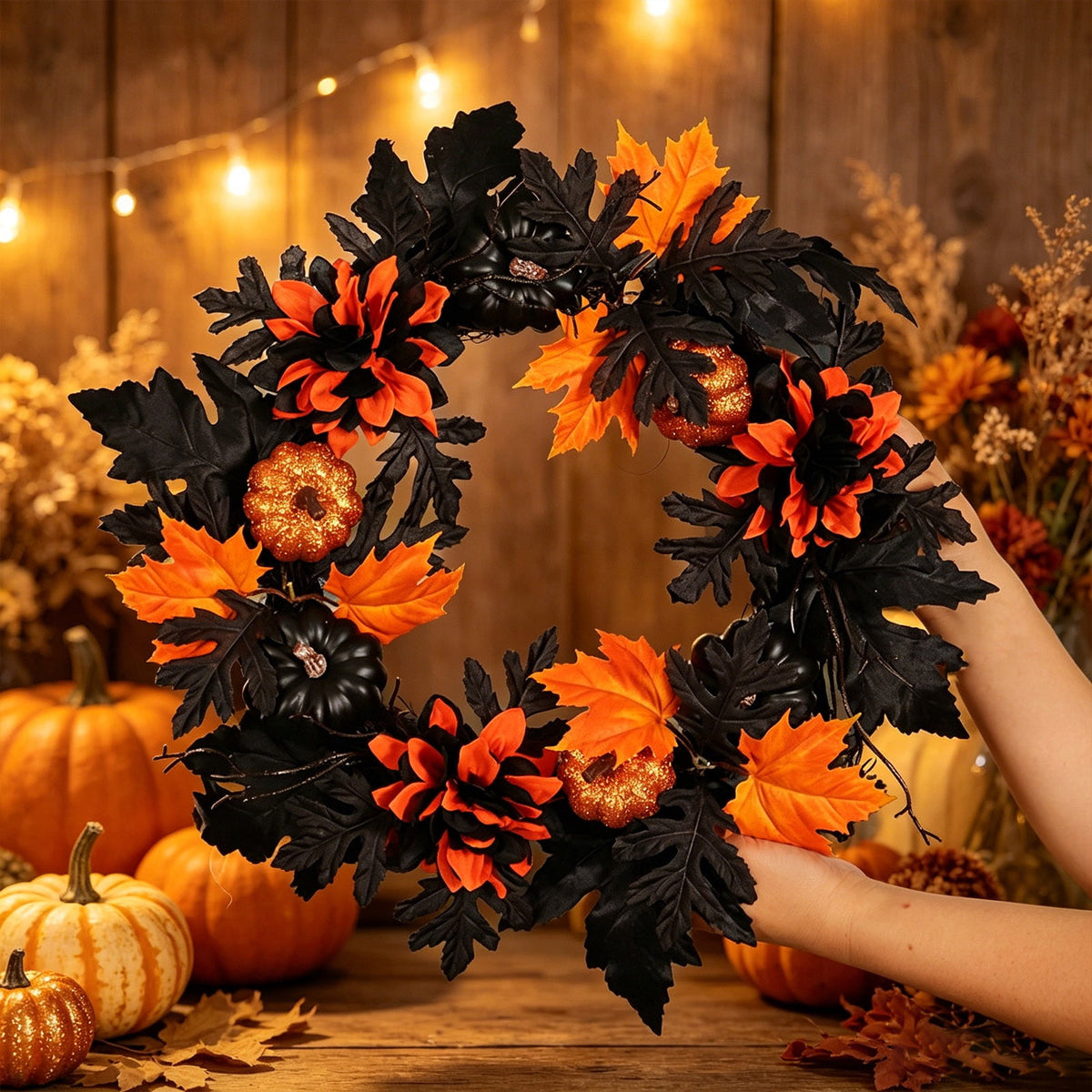 18 Inch Black Orange Pumpkin Peony Halloween Wreath, Artificial Maple Leaf Front Door Wreath, Weatherproof Fall Harvest Ornament for Indoor Outdoor Halloween Decorations Thanksgiving Porch Wall Decor