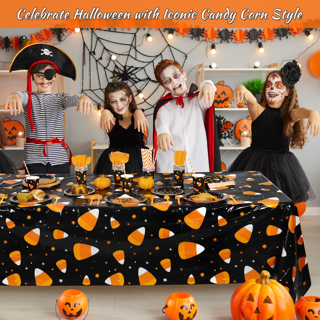 TURSTIN 193 Pieces Halloween Candy Corn Tableware Set Serves 24, Disposable Paper Plates Cups Napkins with Tablecloth for Halloween Party