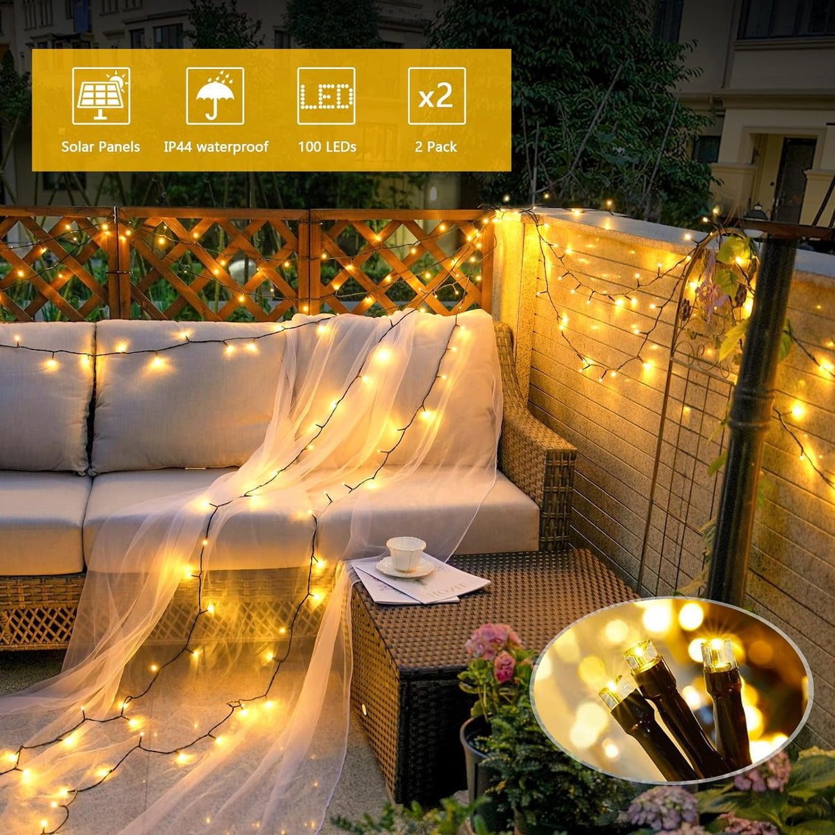 JMEXSUSS 2 Pack Solar String Lights Outdoor, 100 LED 42.7ft White Solar Lights Outdoor Waterproof, 8 Modes Green Wire Solar Christmas Lights for Garden, Wedding, Party, Christmas Tree Decoration
