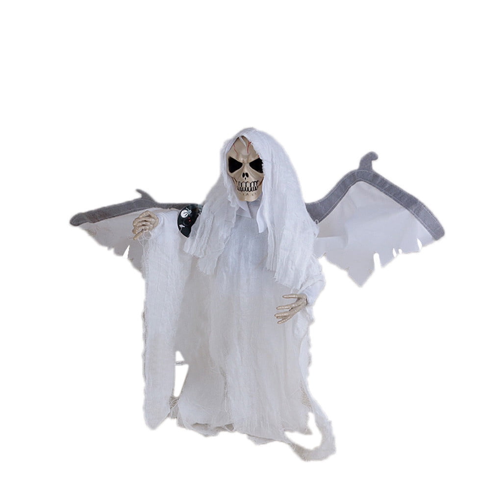 Wadada Sound Activated Move Effect Halloween Hanging Ghost Decorations with Light Up Eyes and Screaming Sound,Voice Control Animated Skeleton for Haunted House Yard Indoor Outdoor Decor(22x17 Inches)
