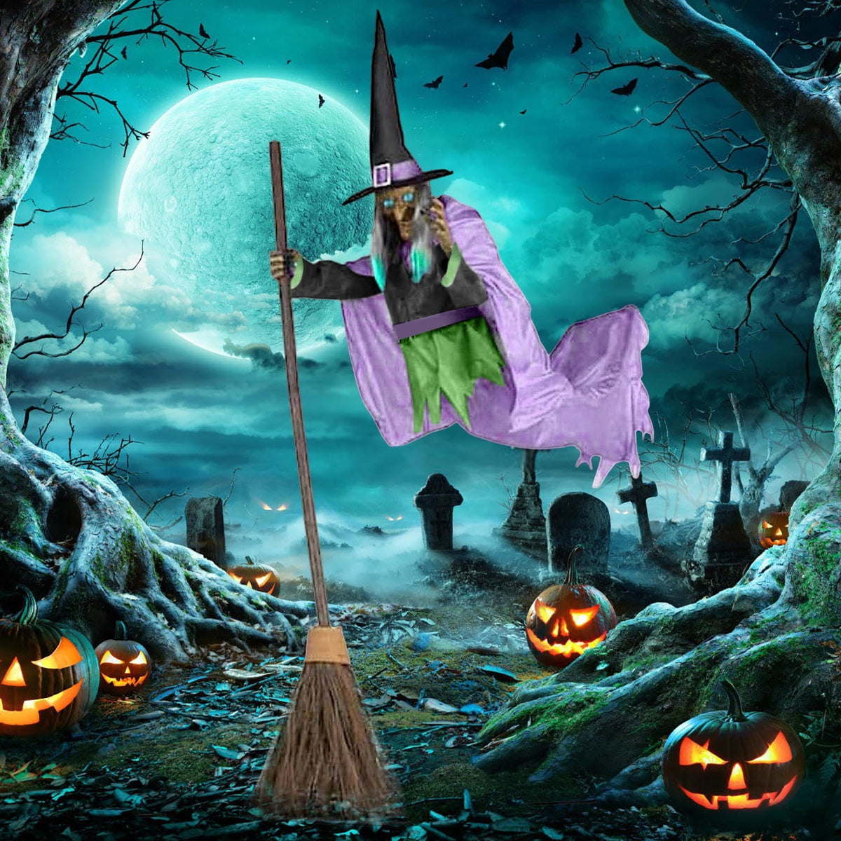 6FT Animated Flying Witch Decoration with Lights and Sounds Green 1pc