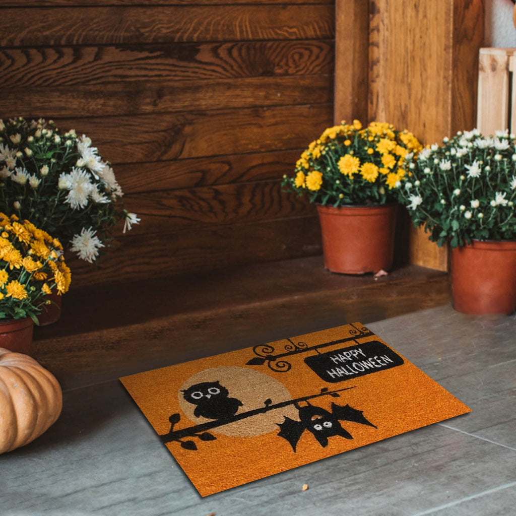 Wovilon Halloween Area Rug Doormat, Black Castle Front Door Mat Non Slip Rubber Backing, Happy Halloween Orange Indoor Outdoor Entrance Mats, Halloween Home Decor Outdoor Rug, 16 X 24 Inches