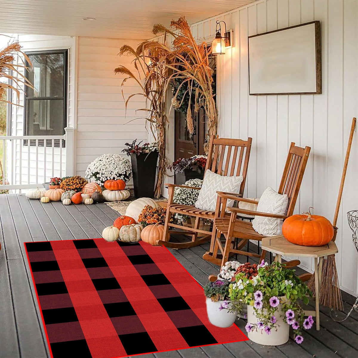 Halloween Fall Outdoor Rug Plaid Rug Foldable Floor Mat for Thanksgiving Front Door Front Porch Farmhouse Entryway Patio Decoration