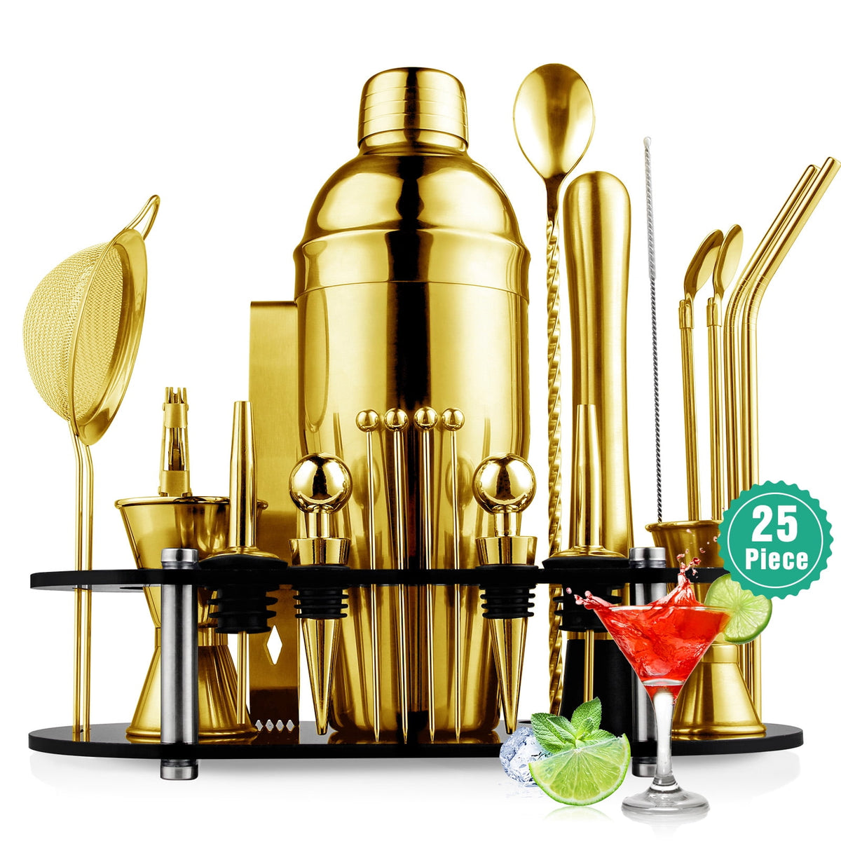 Biemlerfn 25-Piece Cocktail Shaker Set, Mixology Bartender Kit with Acrylic Stand Stainless Steel Bar Tools, Full Bartender Accessories and Recipe Book
