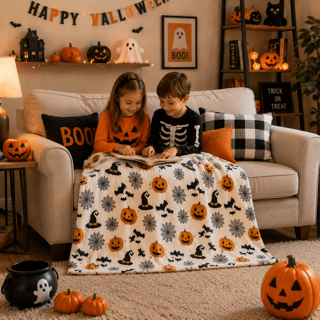 Serafina Home Halloween Throw Blanket: Fuzzy Boo! Jack O'Lantern Spider Webs Skull and Black Cats Print on Velvet Fleece for Sofa Bed Couch Chair Dorm