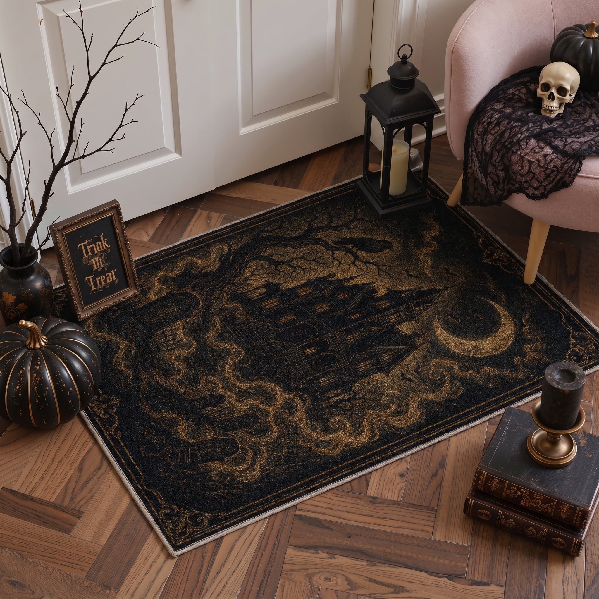 GENIMO 2'x7' Halloween Runner Rug, Washable Non Slip Soft Vintage Witch Indoor Outdoor Hallway Runner for Porch Patio Kitchen Entryway, Retro Sepia