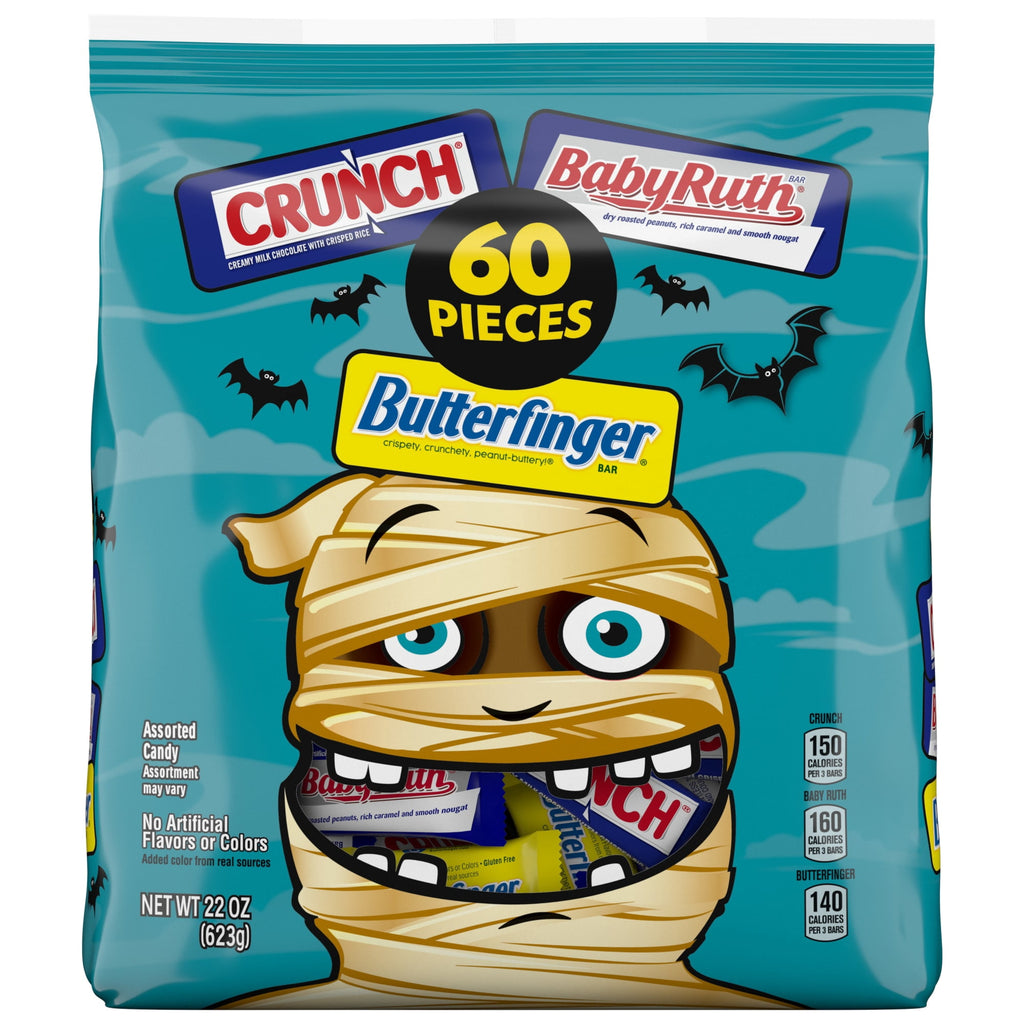 Butterfinger, CRUNCH, Baby Ruth, Assorted Halloween Candy Bag, 60 Count, 22 oz