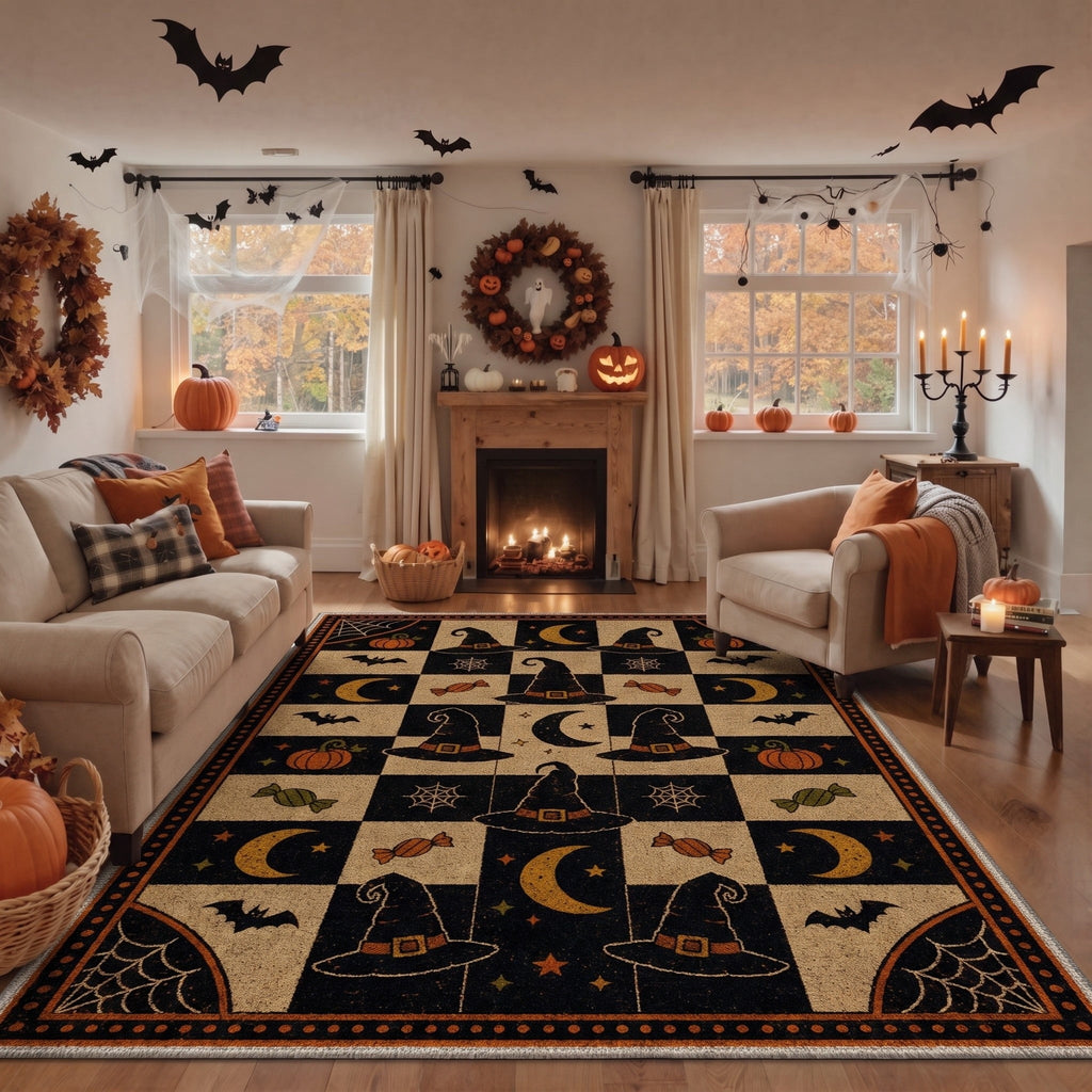 GENIMO 2'x7' Halloween Runner Rug, Washable Non Slip Soft Vintage Witch Indoor Outdoor Hallway Runner for Porch Patio Kitchen Entryway, Retro Sepia