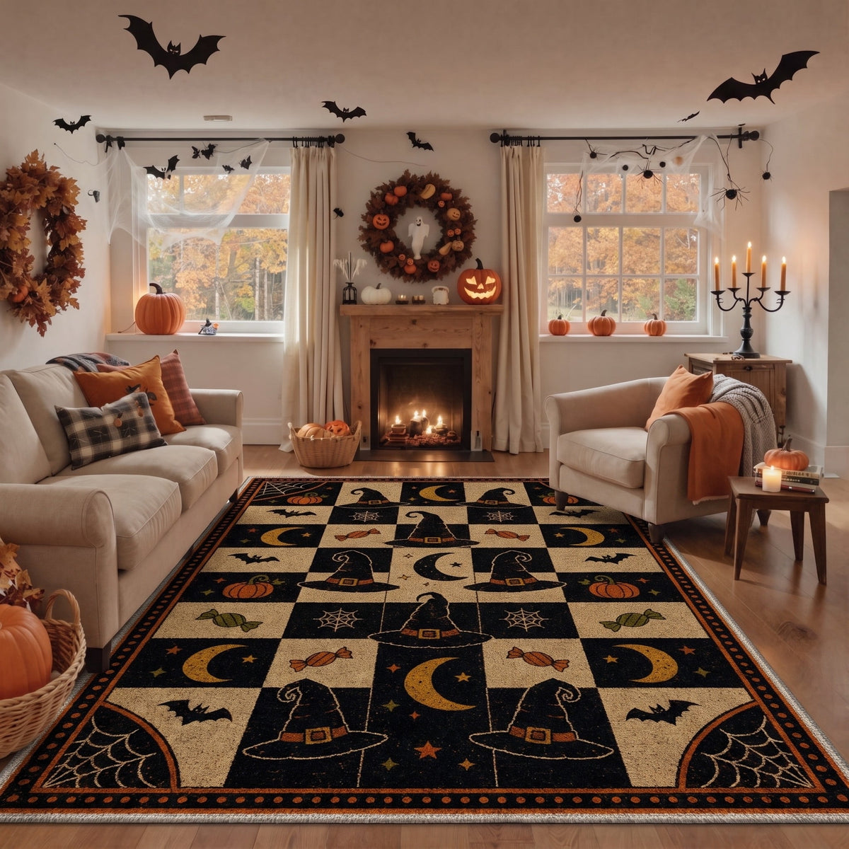 GENIMO 2'x7' Halloween Runner Rug, Washable Non Slip Soft Vintage Witch Indoor Outdoor Hallway Runner for Porch Patio Kitchen Entryway, Retro Sepia