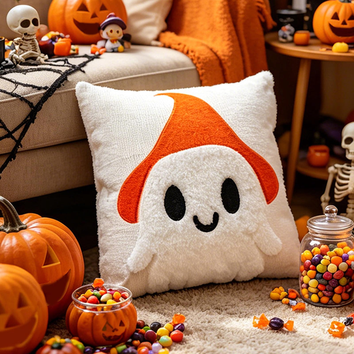 Yeciiwht Halloween Throw Pillow Cover – 18*18inch Embroidered Linen Cushion Case with Ghost, Mummy & Bat Designs, Invisible Zipper, Machine Washable