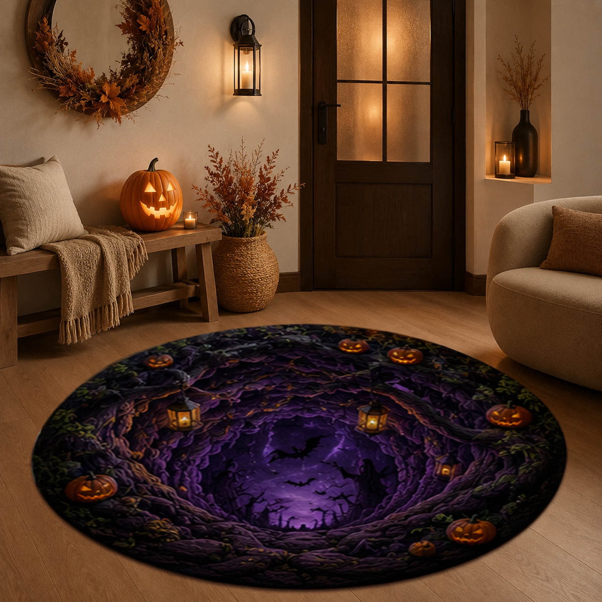 3D Illusion Halloween Round Rug, Non Printed Optical Vortex Doormat, Spooky Circular Floor Mat for Indoor Entryway Home Party Decor 60x60cm