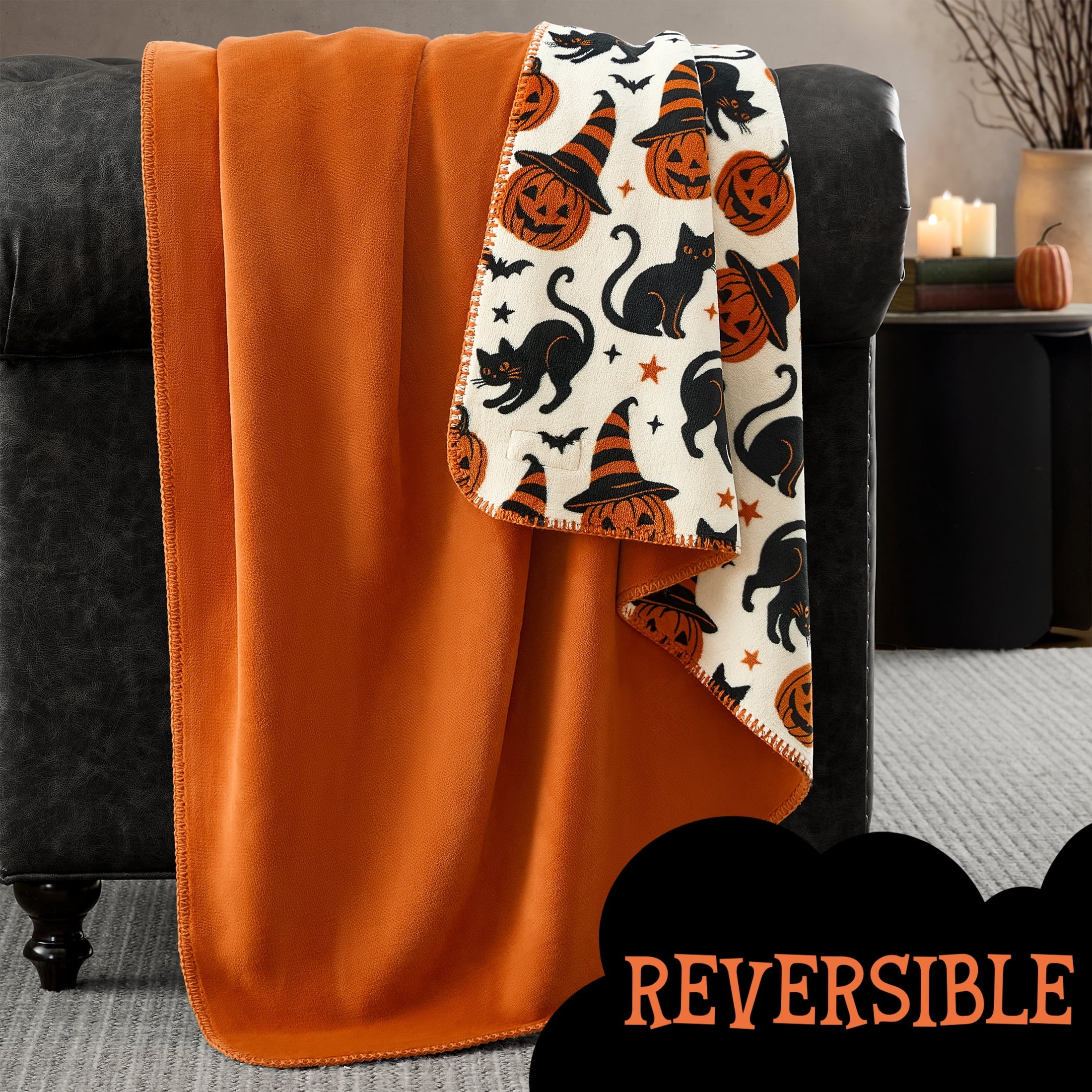 Boo-tique Halloween Plush Soft Oversized Couch Throw Blanket, Cats and Pumpkins, Orange, 50 x 72 in