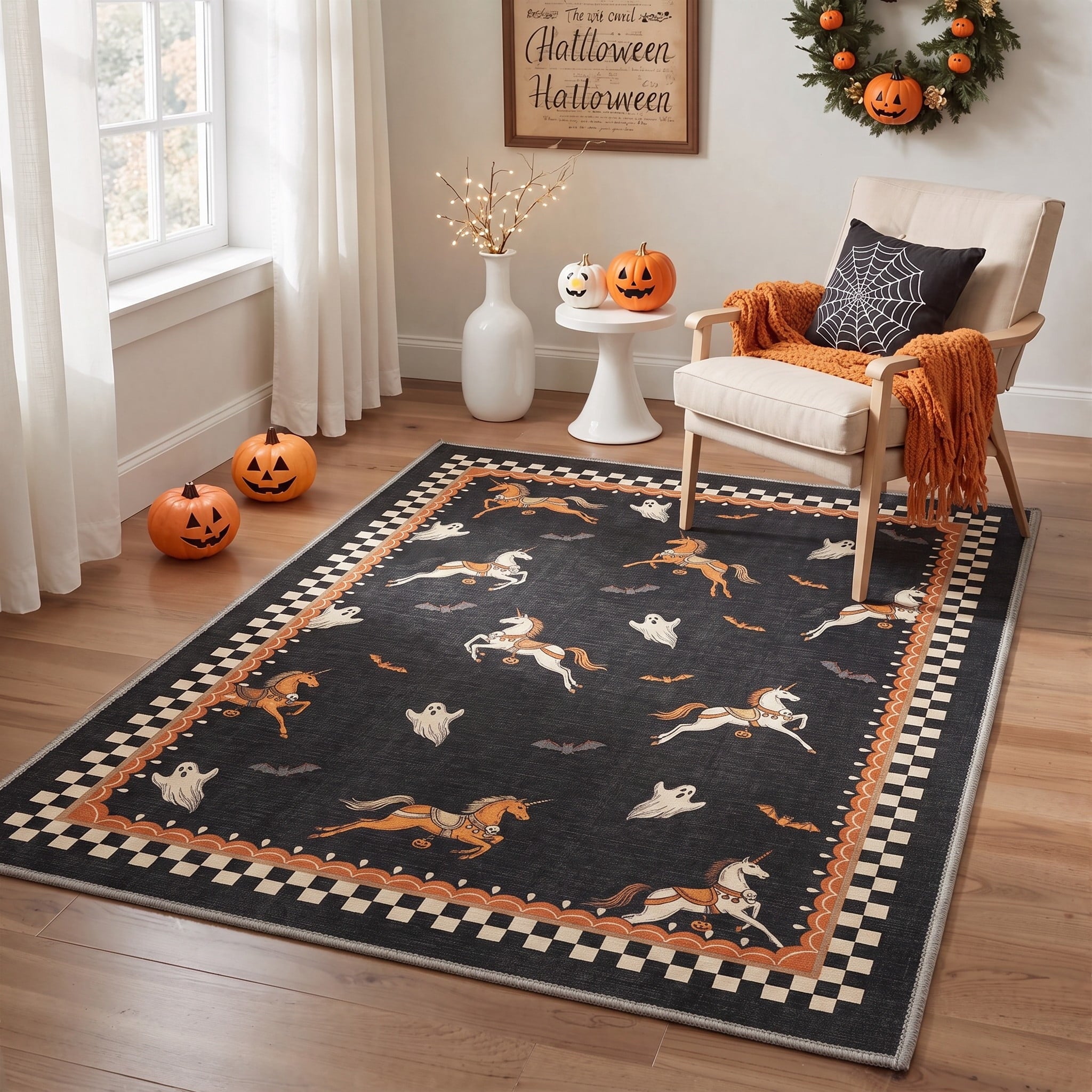 GENIMO 2'x3' Halloween Doormat, Washable Non Slip Soft Whimsical Cat Outdoor Door Mat for Front Door Covered Porch Patio Entryway, Rustic Black