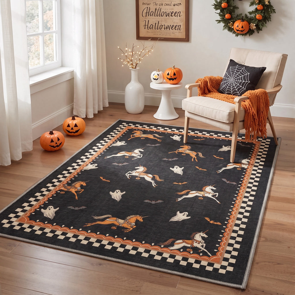 GENIMO 2'x7' Halloween Runner Rug, Washable Non Slip Soft Farmhouse Pumpkin Indoor Outdoor Hallway Runner for Porch Patio Kitchen Entryway, Vintage Sepia