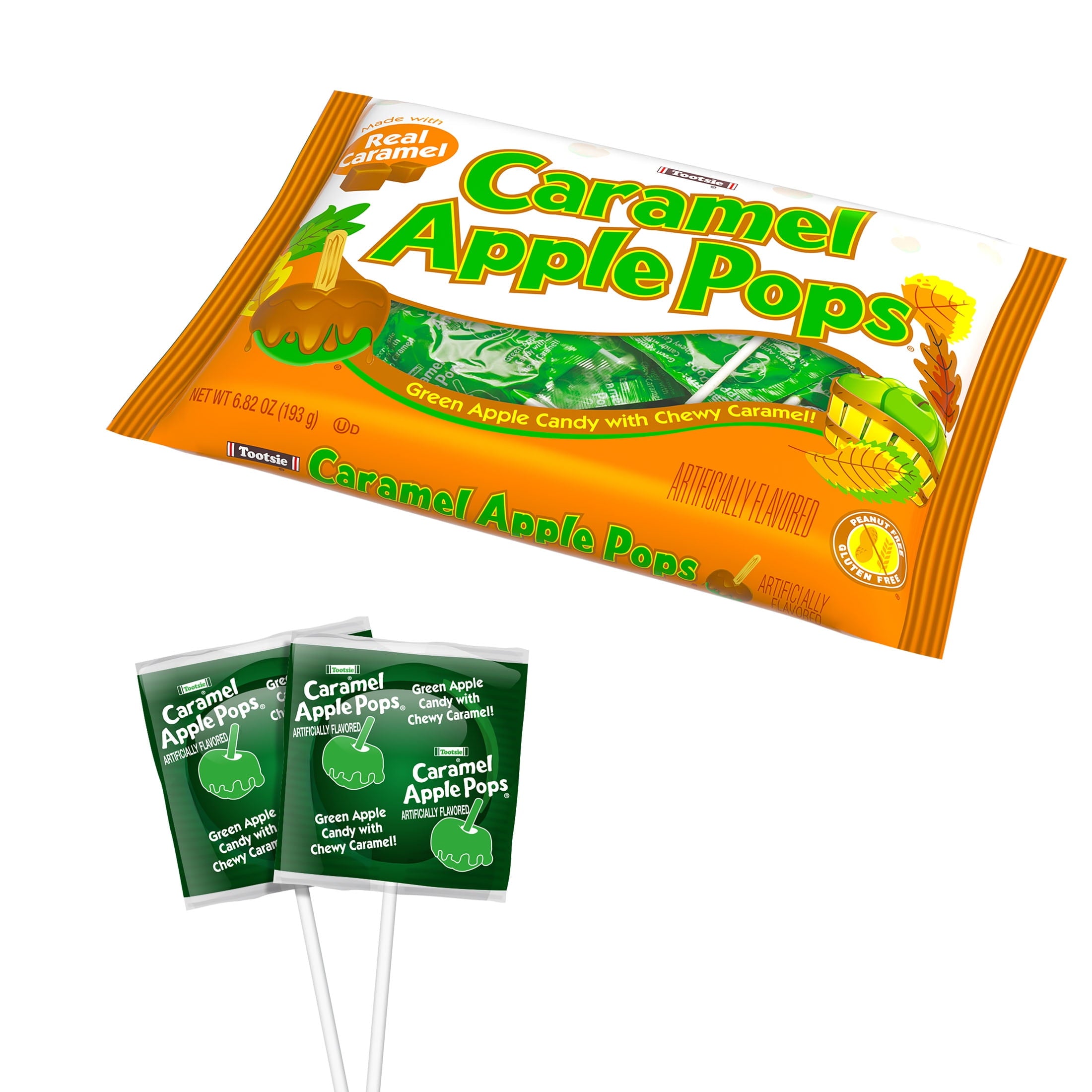 Tootsie Halloween Caramel Apple Lollipops, Individually Wrapped Green Apple Flavored, 6.82 oz. Gluten Free, Peanut-Free, Contains Milk & Soy.