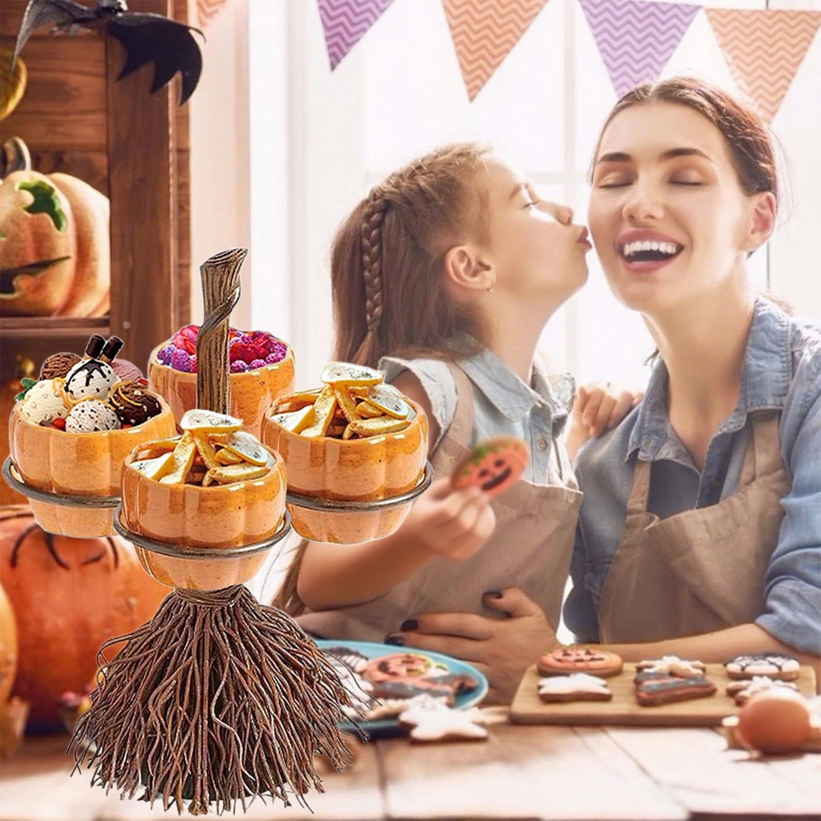 Diceymbol Halloween Pumpkin Snack Bowl Stand Collapsible Broomstick Candy Tray for Cupcakes & Desserts, Resin Serving Platter with Ceramic Pumpkin Bowls