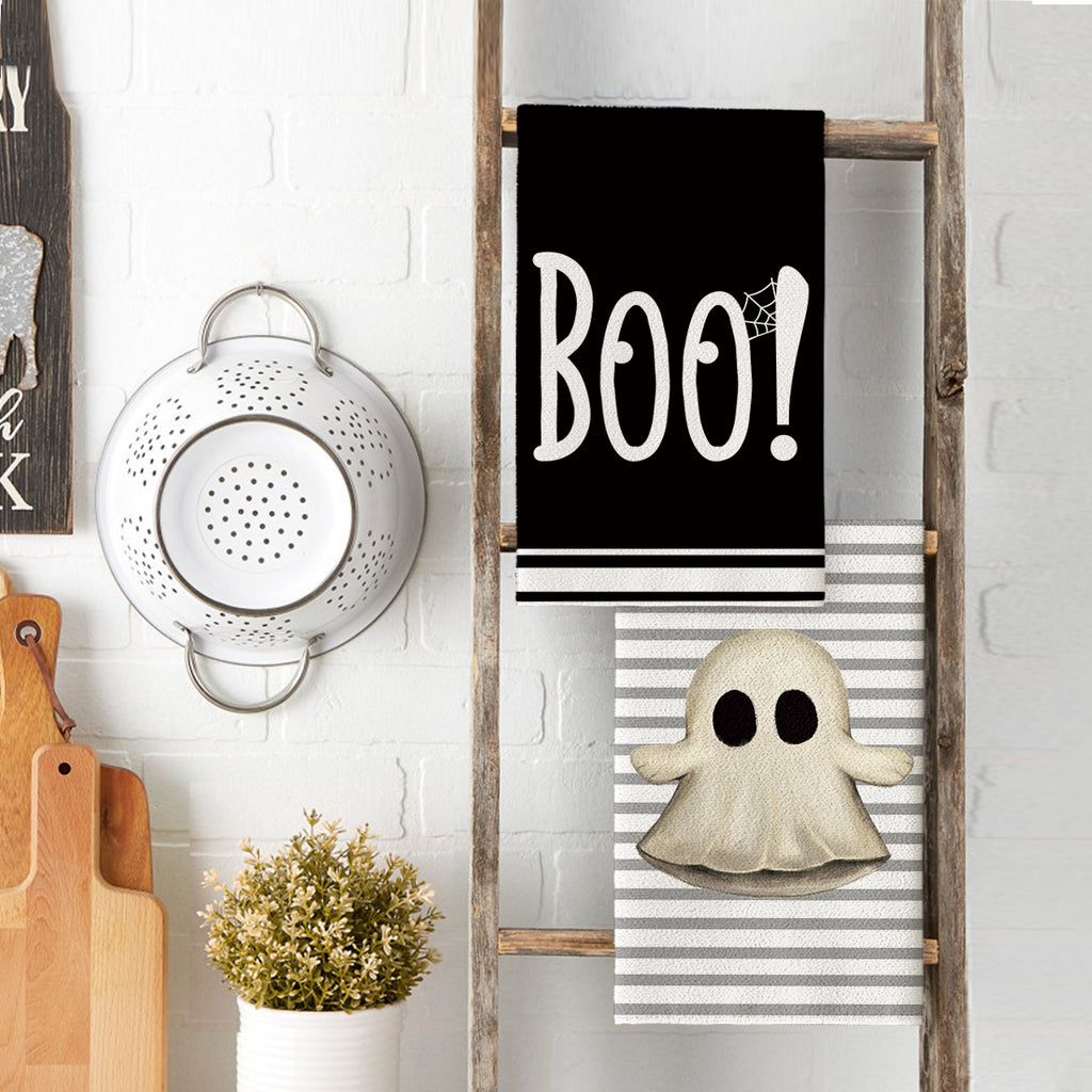 Sm:)e Spooky Pumpkin Ghost Boo Bat Halloween Kitchen Dish Towels 2 Set 18 x 26 inch