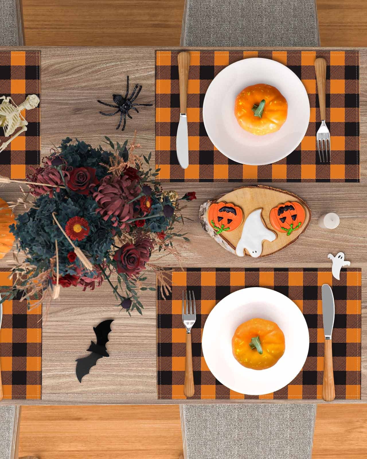 Halloween Placemats Set of 4 Orange and Black Check Plaid Place Mats Fall Placemat Checkered Table Mats for Dining Kitchen Table Holiday Dinner Party Home Decorations 13x19 Inch