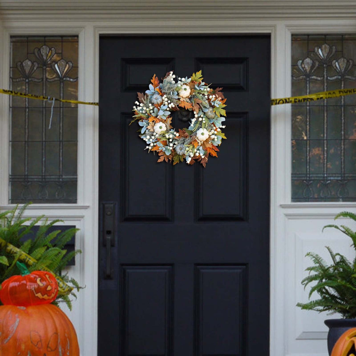 Btomtd Diameter 8" Pumpkin Skull Wreath Halloween Decor Acrylic Round Disk Hanging Ornament with Garland for Front Door Window, A