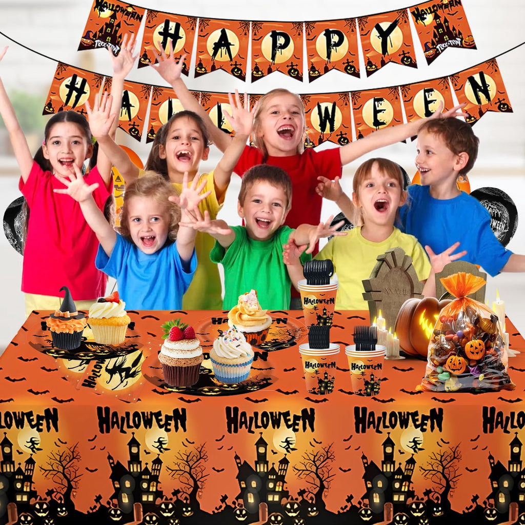 Halloween Paper Plates for Halloween Party Decoration Disposable Cups Napkins Table Cover Balloons Banner for Halloween Birthday Party Supplies Serve 20 Design2