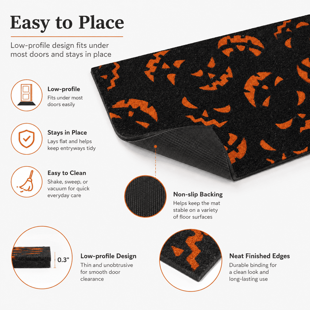 Doormat with Black and Orange Pumpkin Face Pattern, Durable Fiber Material for Outdoor Porch Front Door, Festive Halloween Decor,40 x 60 cm