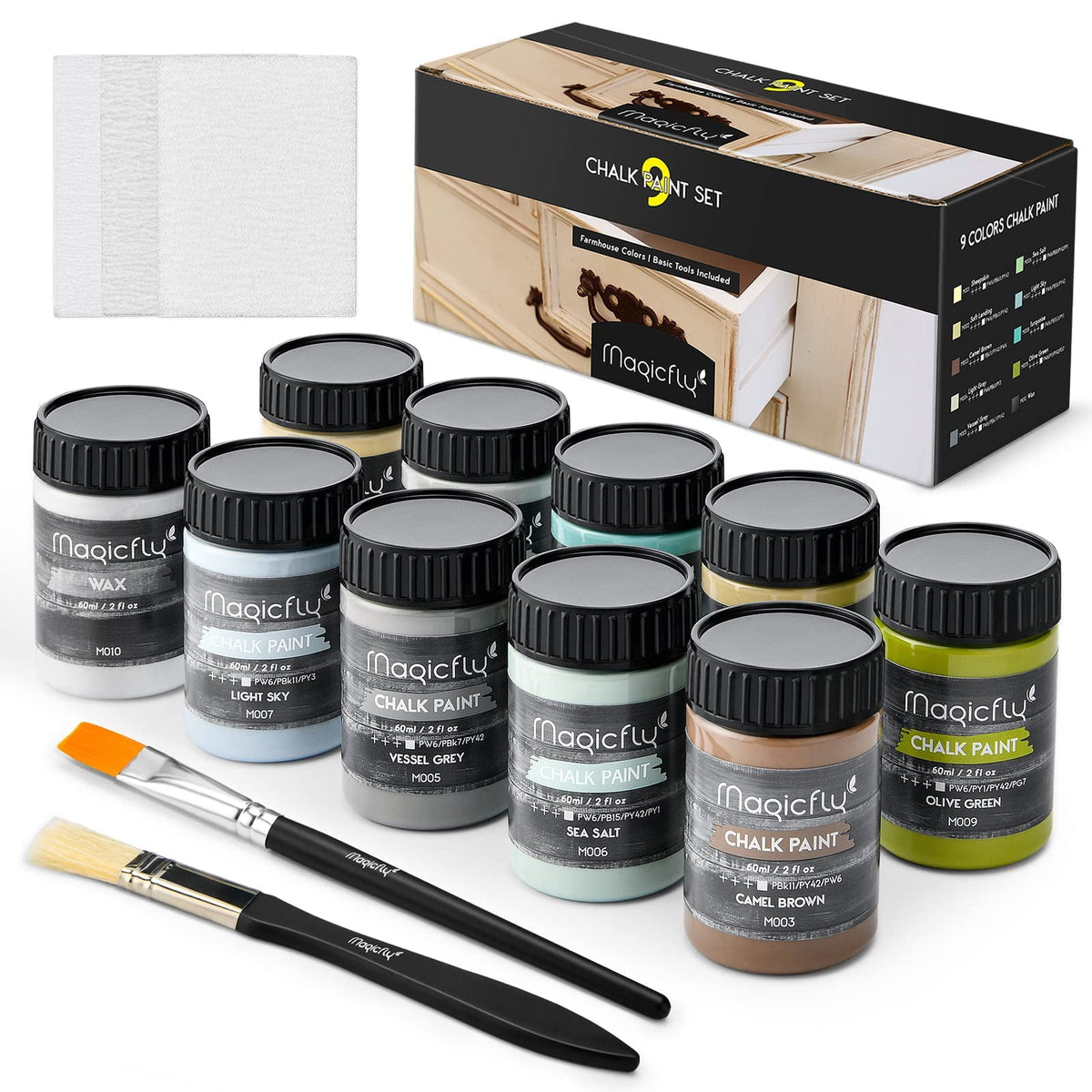Magicfly 15 Pcs Chalk Acrylic Craft Paint Set, 60ml/2 oz 9 Colors Ultra Matte Finish Acrylic Craft Paint Set for Home Decor,8 fl oz