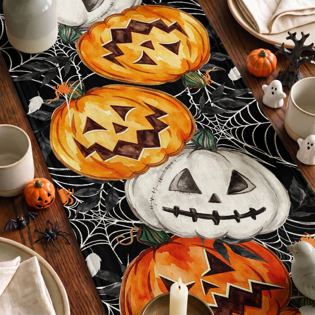 Smile Jack O Lantern Pumpkin Ghost Spider Halloween Table Runner 13 x 72 Inch