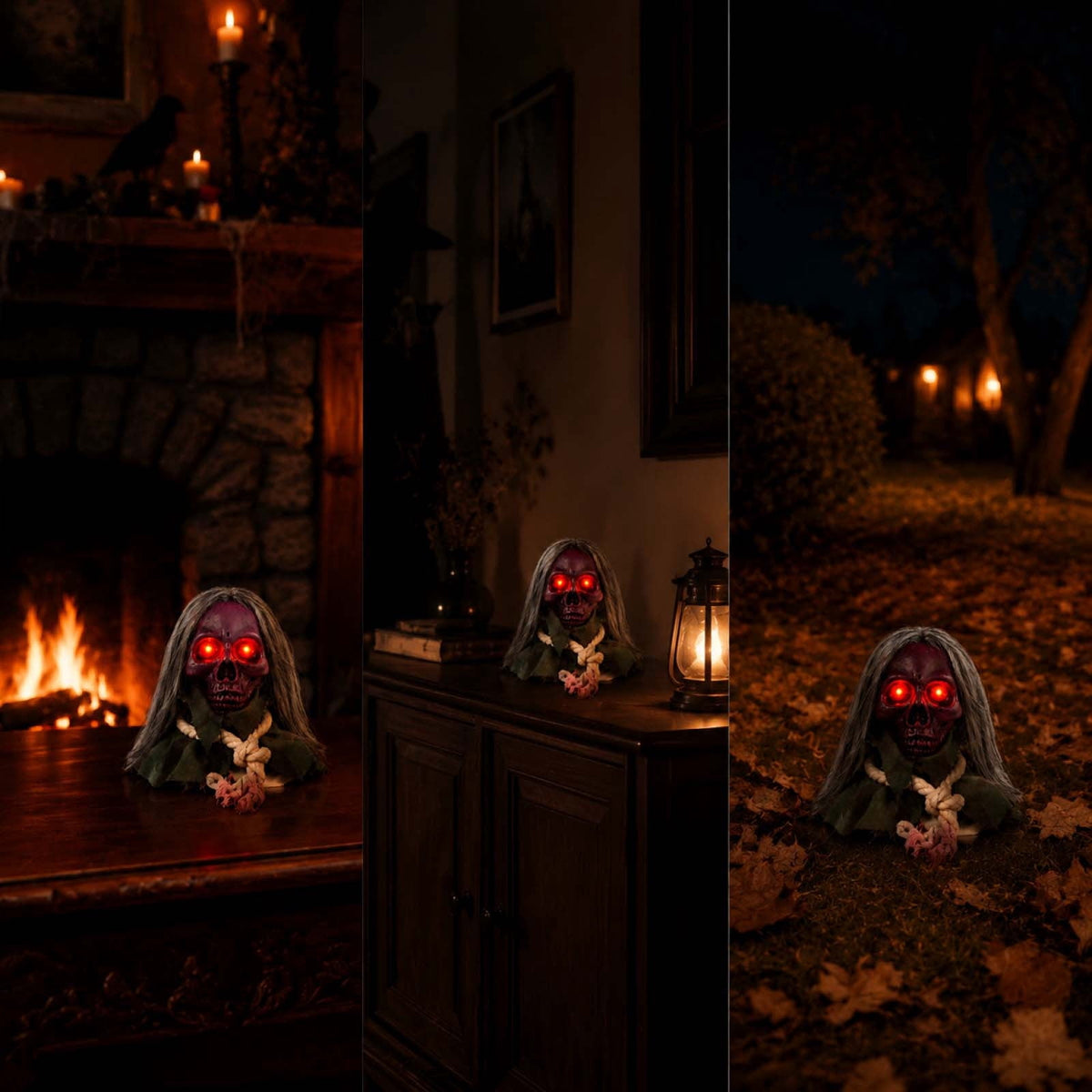 Animated Walking Skull Head with Light-Up Red Eyes Creepy Moving Halloween Prop with Long Grey Hair Horror Music Motorized Resin Decoration for Party Yard Indoor Outdoor Spooky Decor Gift