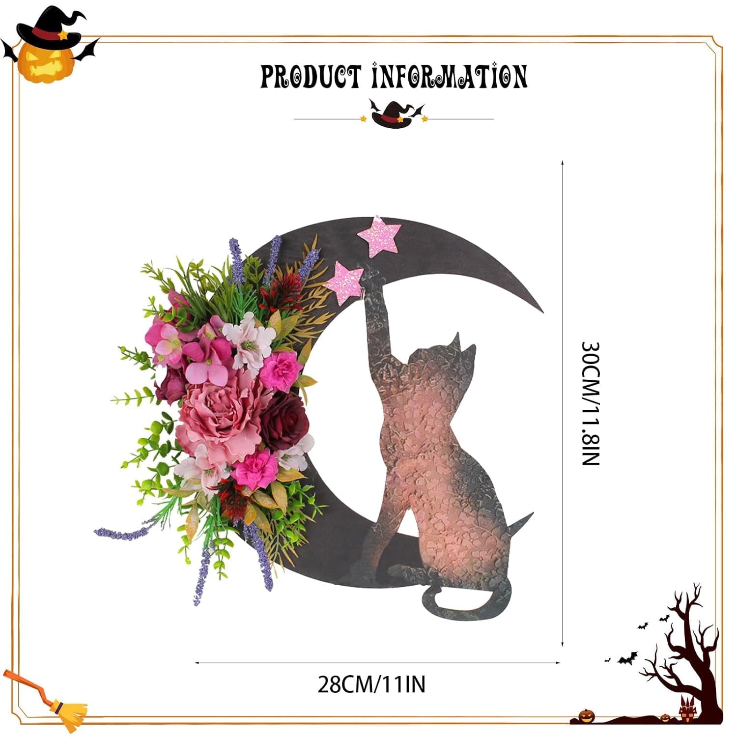 Halloween Wreaths For Front Door, Flower Moon Cat Halloween Home Decoration, Halloween Family Gathering Decoration Wreath，Outdoor, Wall, Closet, Fence, Wreath Halloween (Pink roses)