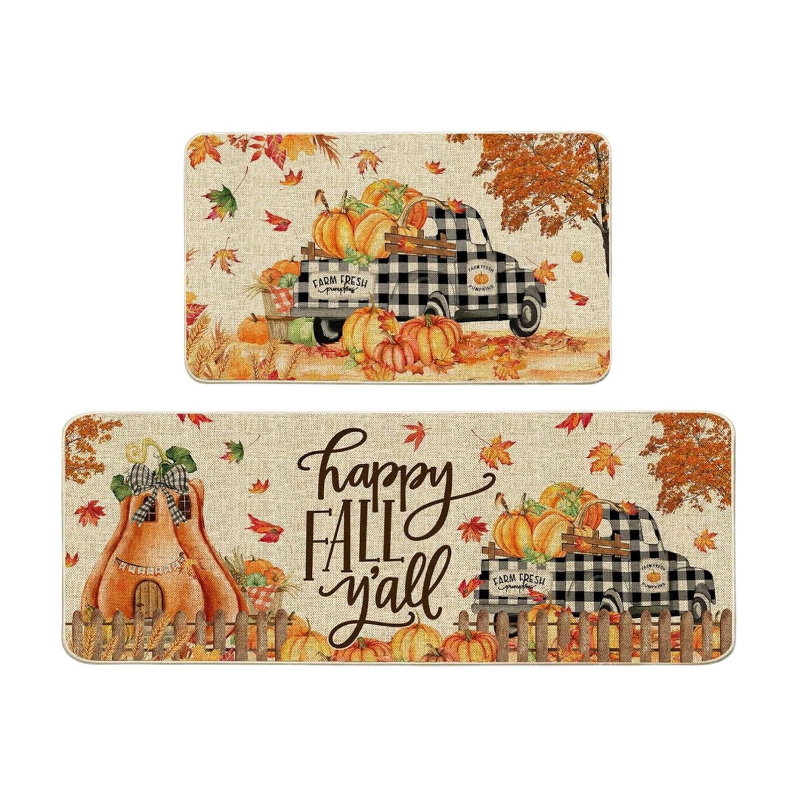 HOARBOEG Kitchen Floor Mat, Halloween Thanksgiving Fall Floor Mats 2-Piece Set - Non-Slip Pumpkin Maple Leaf Decor Rug for Bathroom Kitchen Porch Entrance, Holiday Home Decor