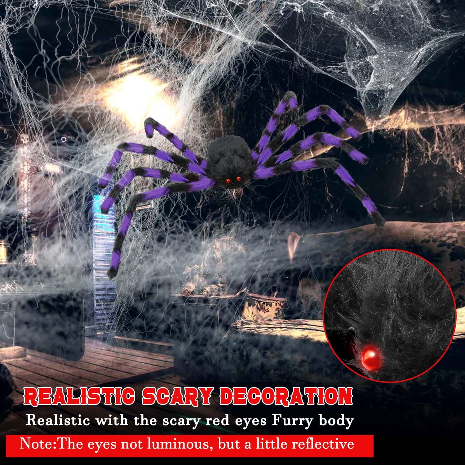 Innens 11.8ft Halloween 144 LED Purple Spider Web Lights with 35" Giant Spider Light up Cobweb Halloween Decorations for Indoor Ourdoor Garden Yard Home Patio (Black, 1Pc)